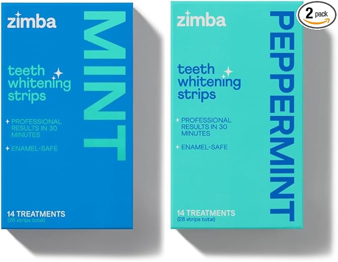 Zimba Mint & Peppermint Teeth Whitening Strips for Teeth Sensitive, White Strips for Teeth Whitening, Teeth Whitener Stain Remover 28 White Strips Included Per Pack, 2 Pack (14 Day Treatment)