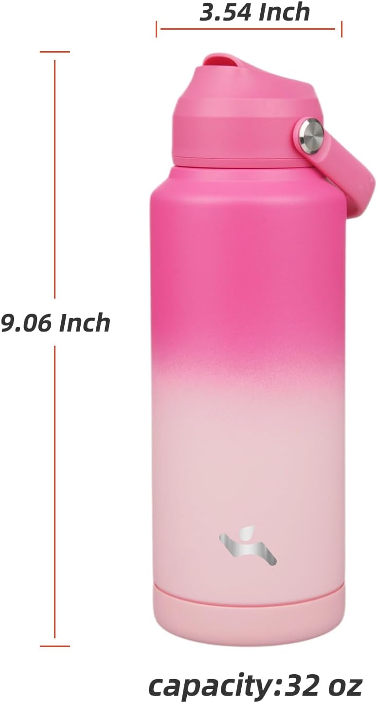 Insulated Water Bottle with Straw Lid,32 oz Stainless Steel Vacuum Metal Bottle with Silicone Handle,Cherry Blossom