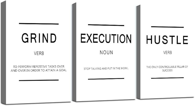 Inspirational Framed Canvas Wall Art - Grind Slogan, Success Quotes, Office Wall Art, Large Poster, Positive Motivational, Execute Poster (C-3pcs, 12x16in x3pcs)