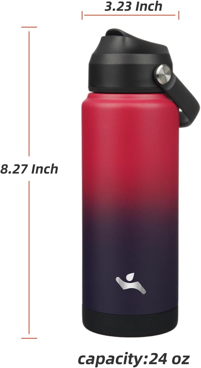 Insulated Water Bottle with Straw Lid,24 oz Stainless Steel Vacuum Metal Bottle with Silicone Handle,Rosy Red