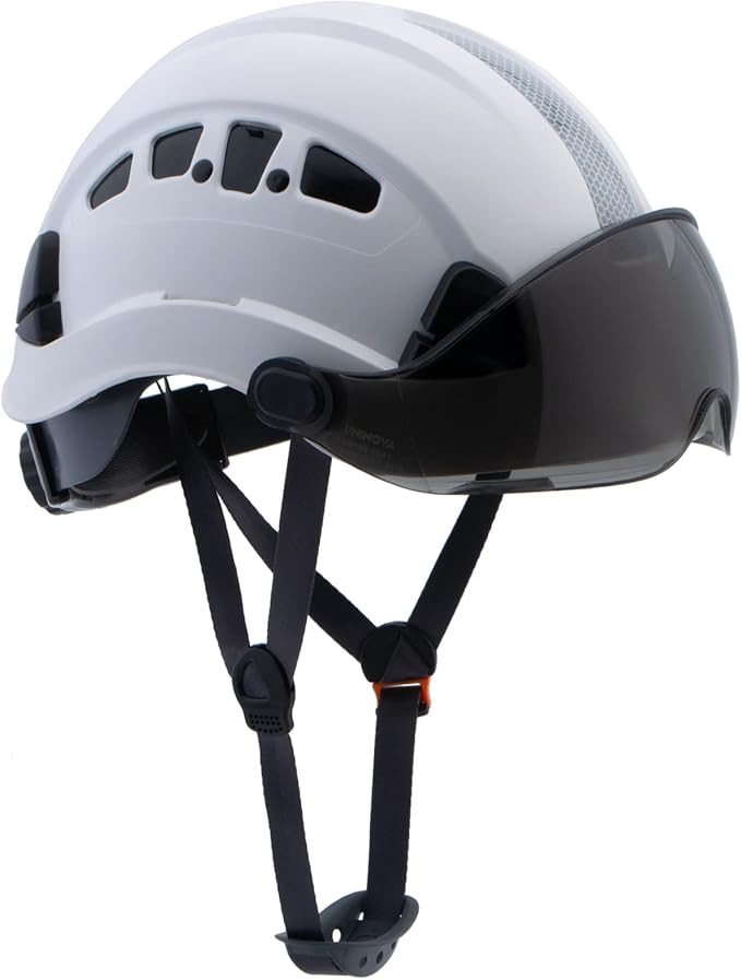 LOHASPRO Hard Hats Construction Safety Helmet with Visor ANSI Z89.1 Approved OSHA Hardhat, Vented Men White Hard Hat with Chin Strap Tree Climbing Arborist Helmet (P1 White+Smoked Visor)