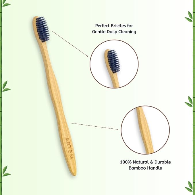 ARTEM Bamboo Toothbrush with Soft Bristles – Eco-Friendly, Biodegradable & Compostable – Natural Wooden Toothbrush for Adults & Kids – Plastic-Free Oral Care (Pack of 10)