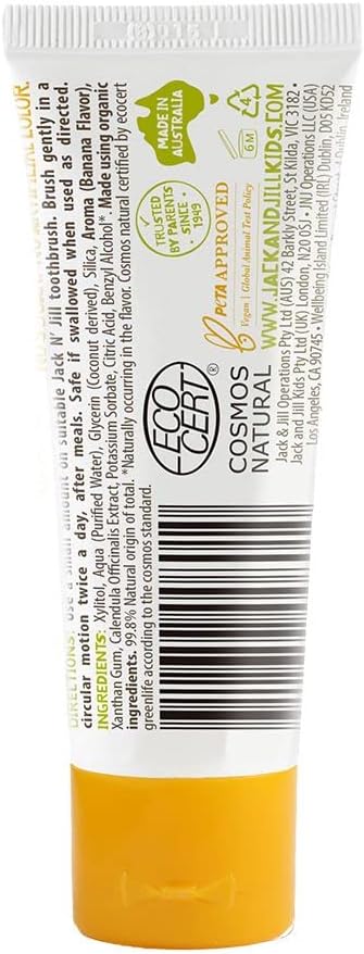 Jack N' Jill Natural Toothpaste for Baby and Infants - Fluoride Free Training Toothpaste, 40% Xylitol, BPA Free - Banana, 1.76 oz (Pack of 4)