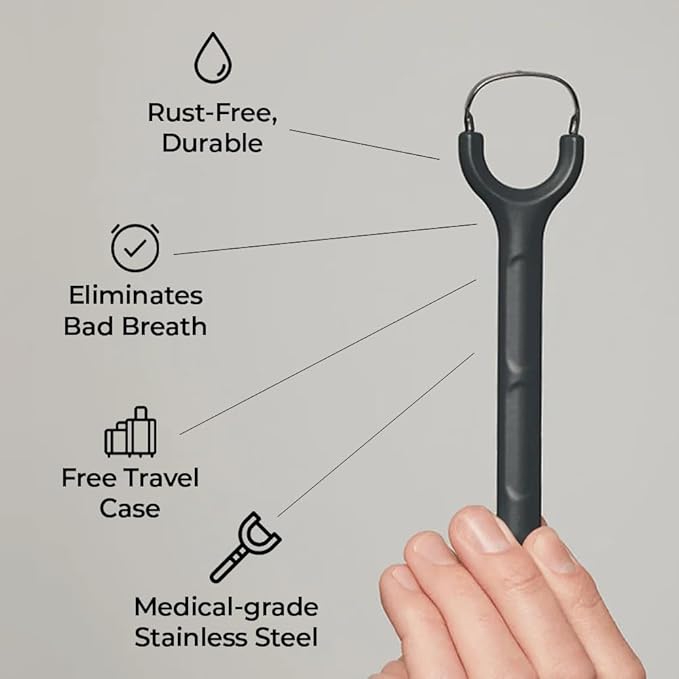 Venneir® Tongue Scraper with Travel Case, Oral Glide Pro–Bad Breath Treatment, Medical-Grade Stainless Steel– for Adults & Kids. 100% Rustproof, Sleek & Effective Design (Slate White)