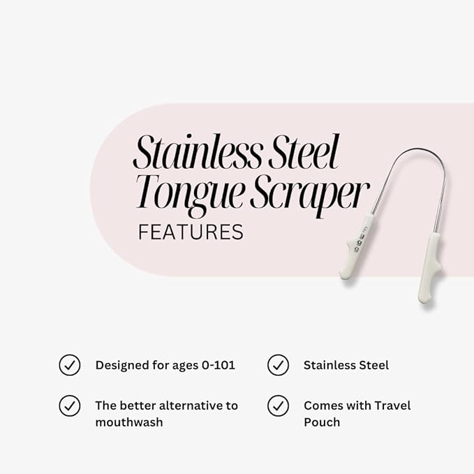Fygg Stainless Steel Tongue Scraper with Cotton Storage Bag, Gentle Oral Care Tool for All Ages