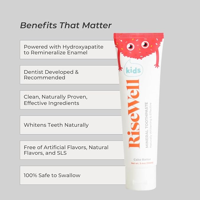 RiseWell Kids Mineral Toothpaste - Kids Hydroxyapatite Toothpaste - Made by Dentists, Safe to Swallow, No Added Fluoride and All Natural - Cake Batter Flavor, 3.4 Oz (Pack of 2)