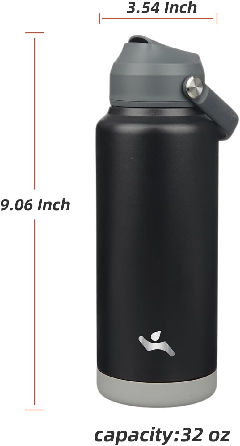 Insulated Water Bottle with Straw Lid,32 oz Stainless Steel Vacuum Metal Bottle with Silicone Handle,Black