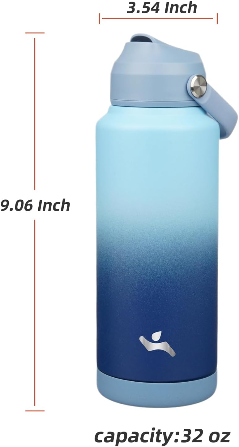 Insulated Water Bottle with Straw Lid,32 oz Stainless Steel Vacuum Metal Bottle with Silicone Handle, Sky