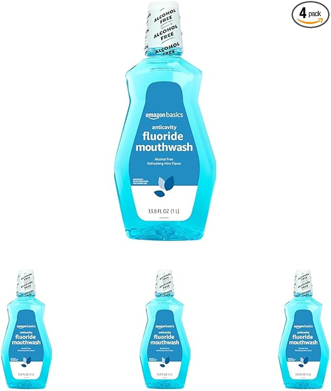 Amazon Basics Anticavity Fluoride Mouthwash, Alcohol Free, Refreshing Mint, 1 Liter, 4-Pack