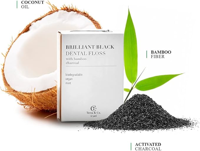 Terra & Co., Brilliant Black Dental Floss (32 Yards) | Organic Teeth Whitening Products | All Natural, with Activated Bamboo Charcoal | Vegan & Cruelty Free | Luxury Dental Care