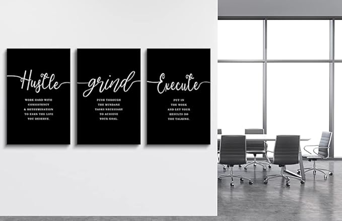 Hustle Grand Slogan Poster,Gift for Boss, Present for Father, Framed Canvas Wall Art Success Quote, Office Wall Art, Black Large Poster, Inspirational Print (F-3pcs,16x24inchx3pcs)