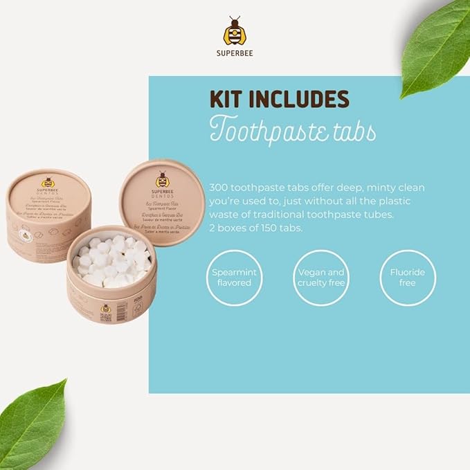 SuperBee Family kit with Dentos Toothpaste Tablets 300 tabs, Natural Floss, Soft Bristles Bamboo toothbrushes - Fluoride Free & Eco Friendly, Housewarming Gift Christmas Plastic Free