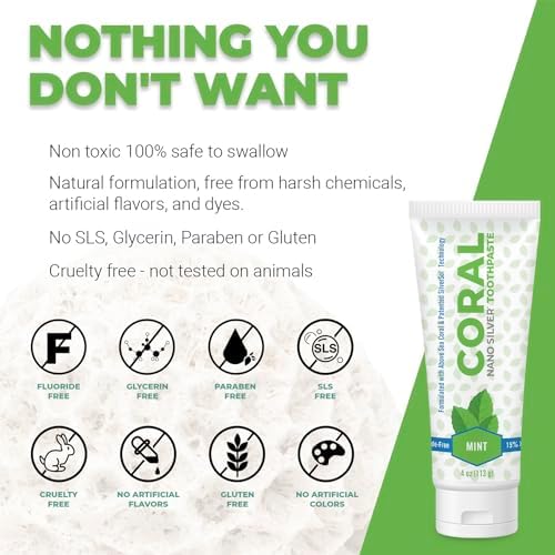 Coral White Nano Silver Mint Toothpaste, Natural Fluoride Free Teeth Whitening Toothpaste, Coral Calcium Nano Silver Infused SLS, Glycierin Free 4 Ounce (4 Pack)