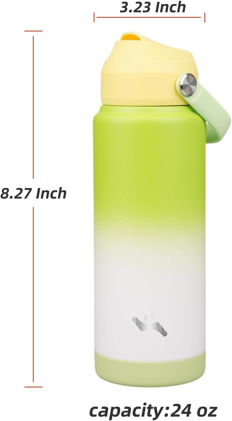 Insulated Water Bottle with Straw Lid,24 oz Stainless Steel Vacuum Metal Bottle with Silicone Handle,GreenWhite