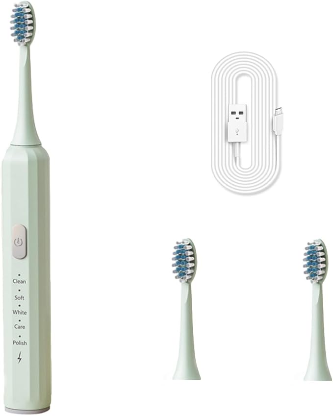 Electric Toothbrush for Adults, 5 Modes USB Rechargeable with 2 Extra Brush Heads, 66000 RPM Sonic Toothbrush with 2-Minute Timer, IPX7 Waterproof, Soft Bristles (Green)