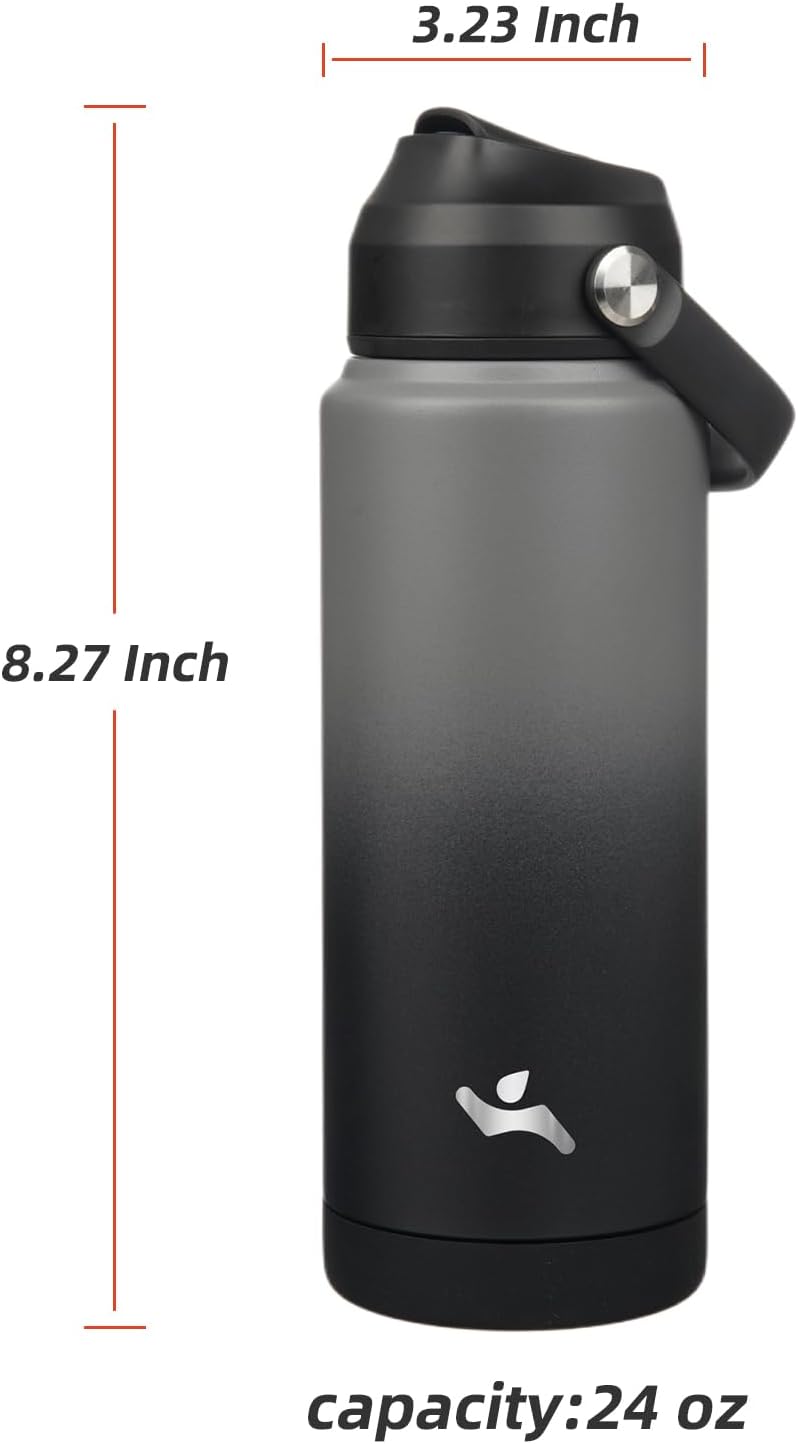 Insulated Water Bottle with Straw Lid,24 oz Stainless Steel Vacuum Metal Bottle with Silicone Handle,Gray Black