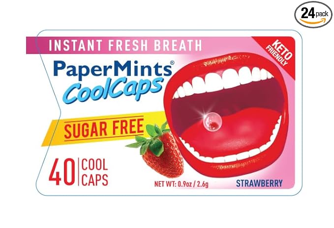 Papermints CoolCaps Breath Mints Sugar Free for Bad Breath Strawberry 24 pack – 960 mints. Extreme bad breath treatment for adults. Breath Freshener Sugar Free Mints.