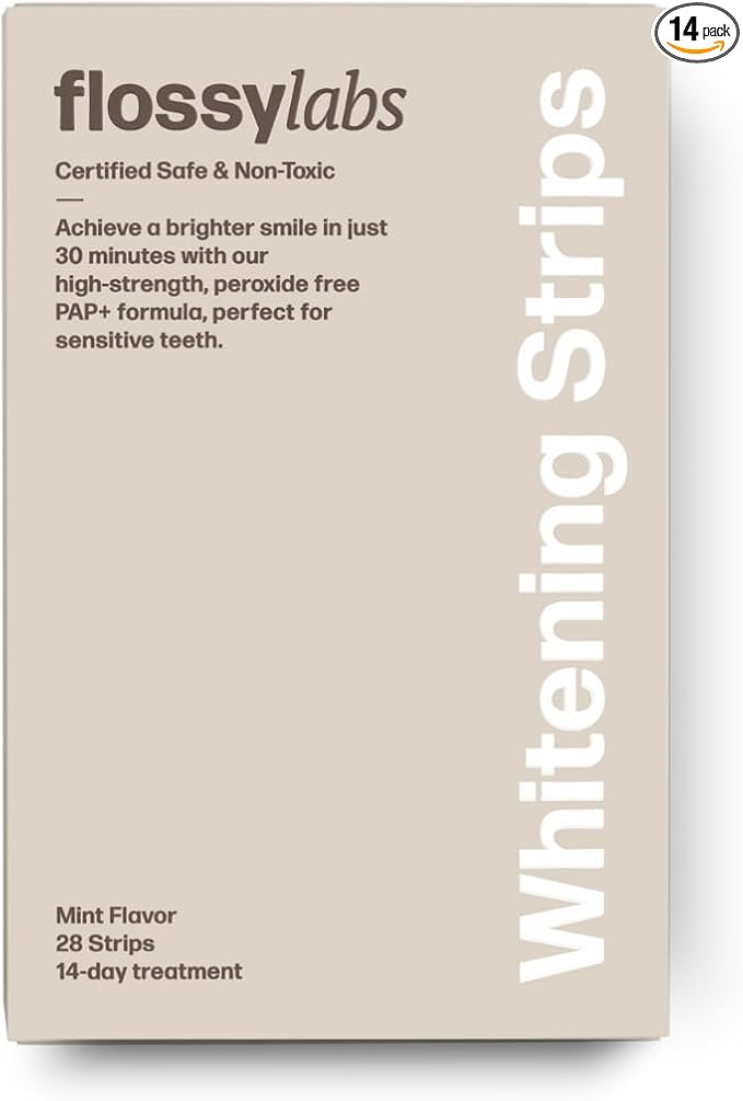 Flossy Labs Pap+ Teeth Whitening Strips, Peroxide Free, Enamel Safe, High Strength, Non Slip, 14 Day Treatment for Sensitive Teeth, Removes Stains from Coffee, Wine, and Tea, Professional Results.