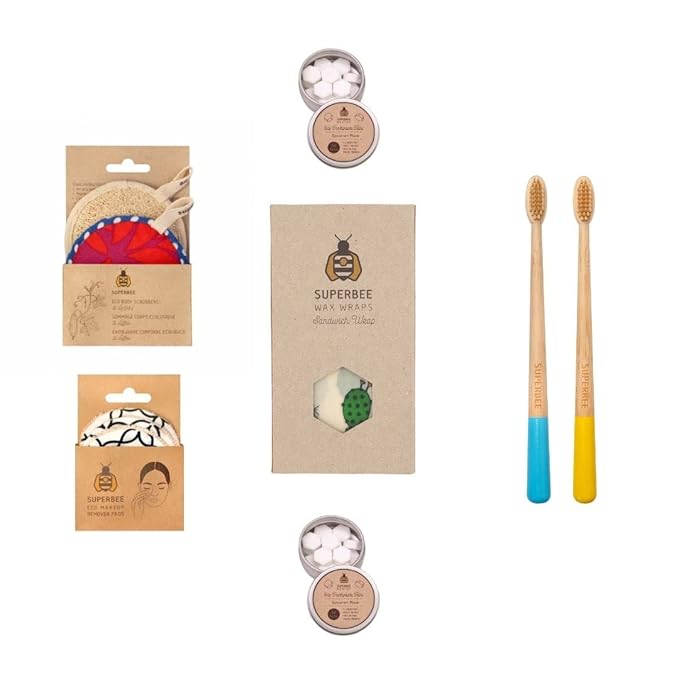 SuperBee Women Gift Box - Toothpaste Tablets, Natural Body scrubbers, Soft Bristles Bamboo toothbrushes, Make up Removal Pads, Beeswax wrap - Eco Friendly Gift, Housewarming Gift Christmas Women Day …