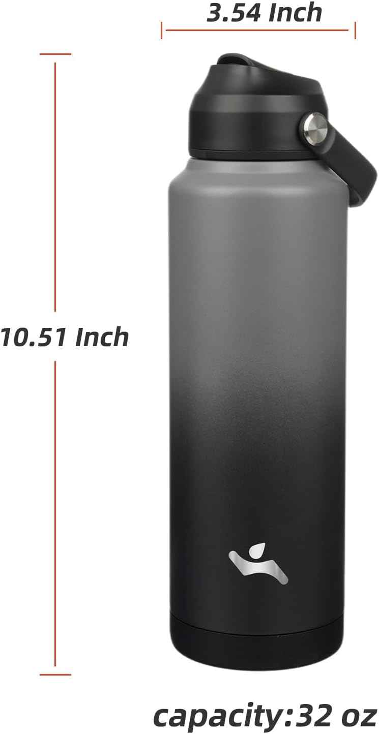 Insulated Water Bottle with Straw Lid,40 oz Stainless Steel Vacuum Metal Bottle with Silicone Handle,Gray Black
