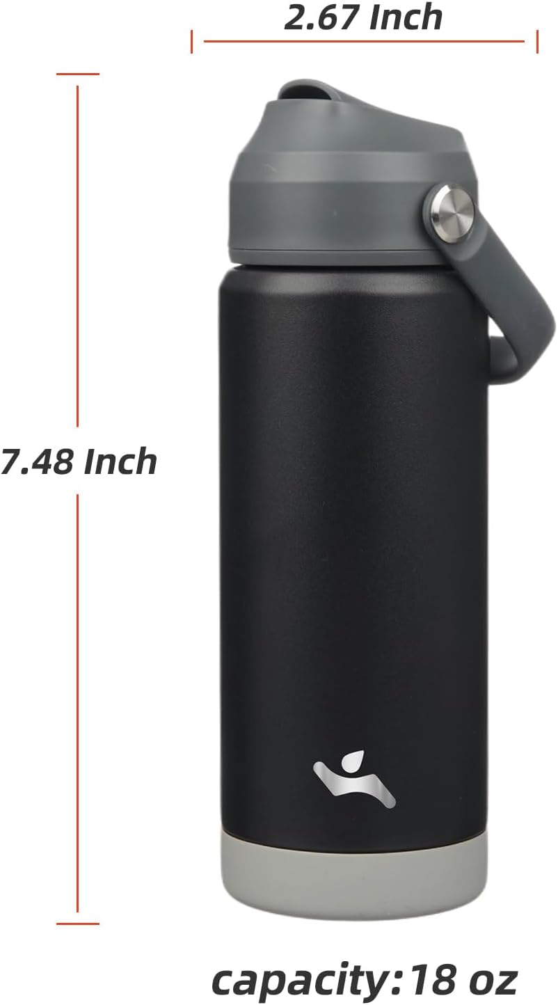 Insulated Water Bottle with Straw Lid,18 oz Stainless Steel Vacuum Metal Bottle with Silicone Handle,Black