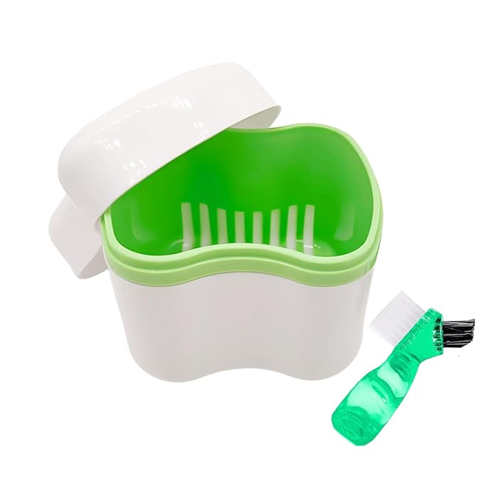 Easyinsmile Denture Bath Case with Brush for Travel Denture Cups for Soaking Dentures Retainer Cleaning Container Case with Strainer and Lid (Green)