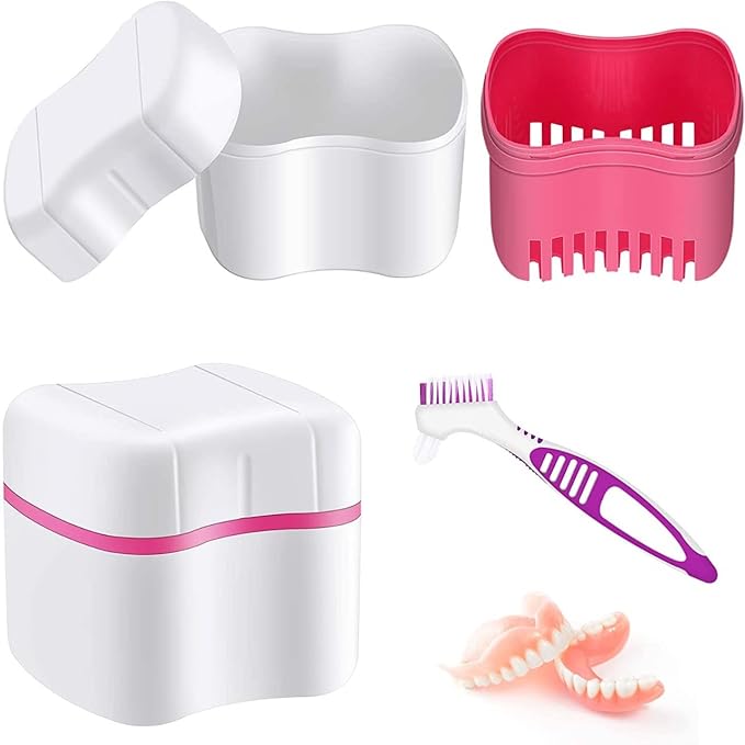 BTwood Denture Bath Kit – Includes 2 Denture Bath Cups, 2 Denture Cleaner Brushes, and 2 Strainer Baskets – Ideal for Dentures, Retainers, and Mouthguards