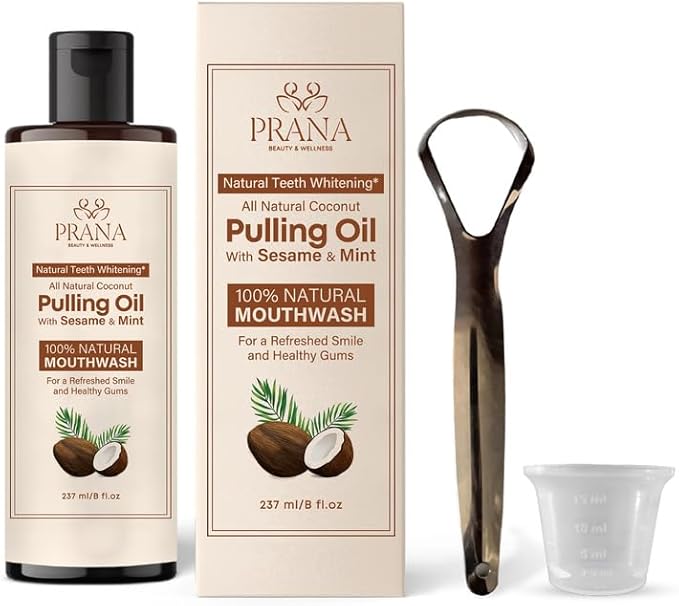 PRANA Coconut Pulling Oil Mouthwash with Tongue Scraper- Ayurvedic Oils for Clean Rinse with Coconut Oil & Clove & improving Teeth & Gum Health - Teeth Pulling Oil Keeps Your Mouth Refreshed- 237ml