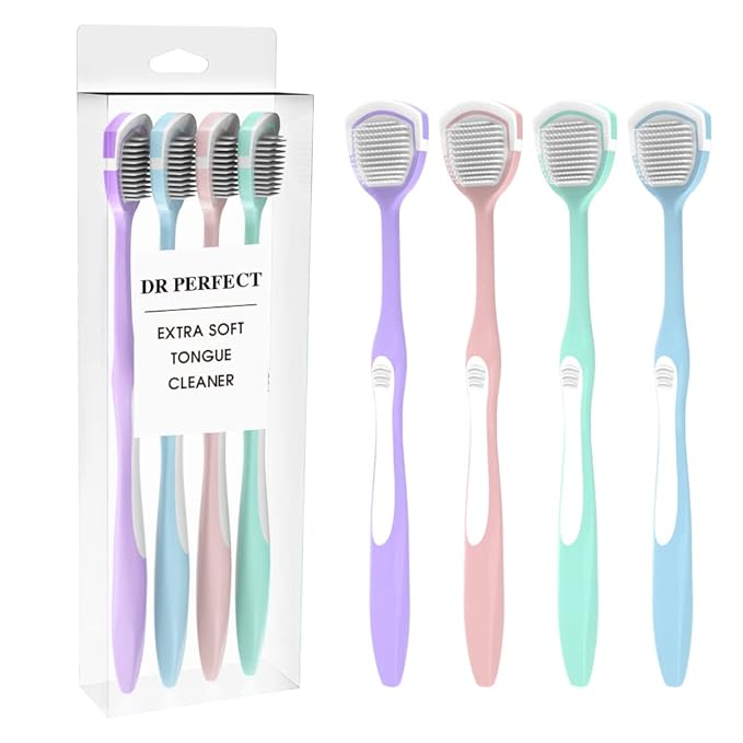 DR PERFECT Soft Tongue Brush Scraper Cleaner Helps Fight Bad Breath Clean Your Tongue Without Hurt Pack Of 4 (GREEN PURPLE BLUE PINK)