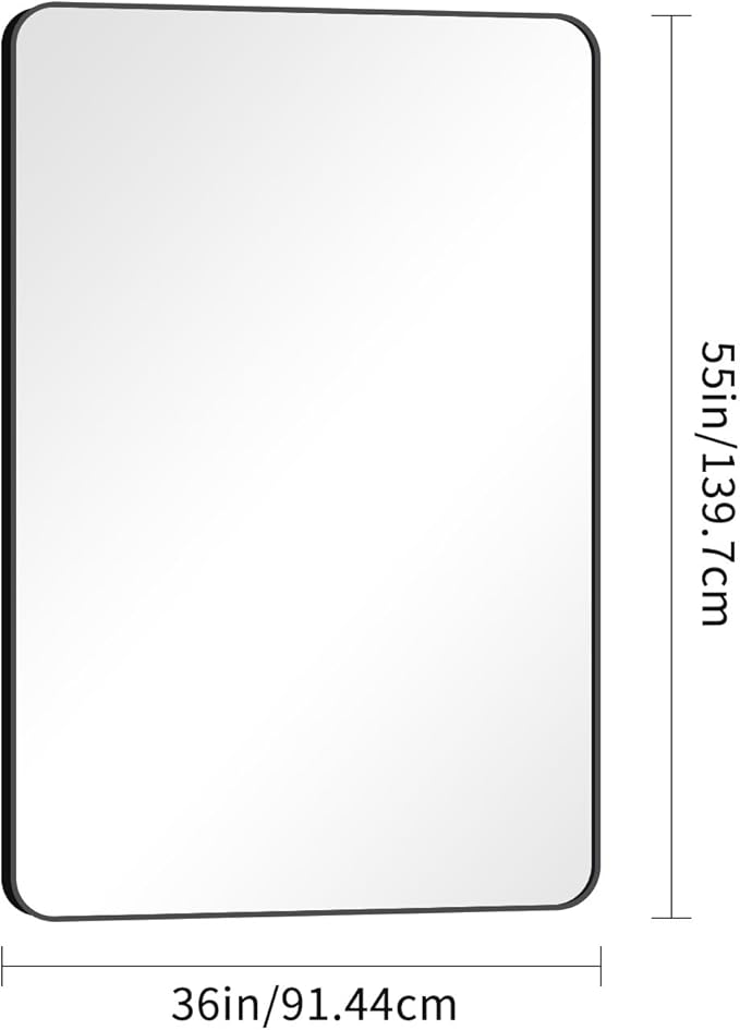 55x36 inch Bathroom Mirror,Black Rectangle Mirror,Wall Mounted Bathroom Frame Vanity Mirror with Round Corner for Bedroom Living Room, Entryway Hangs Horizontal or Vertical