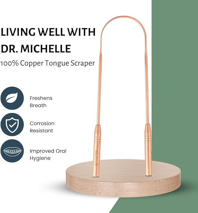 Living Well with Dr. Michelle Copper Tongue Scraper - Premium Metal Tongue Cleaner for Adults & Kids - Eliminate Bad Breath & Enhance Oral Hygiene - Includes Travel Bag