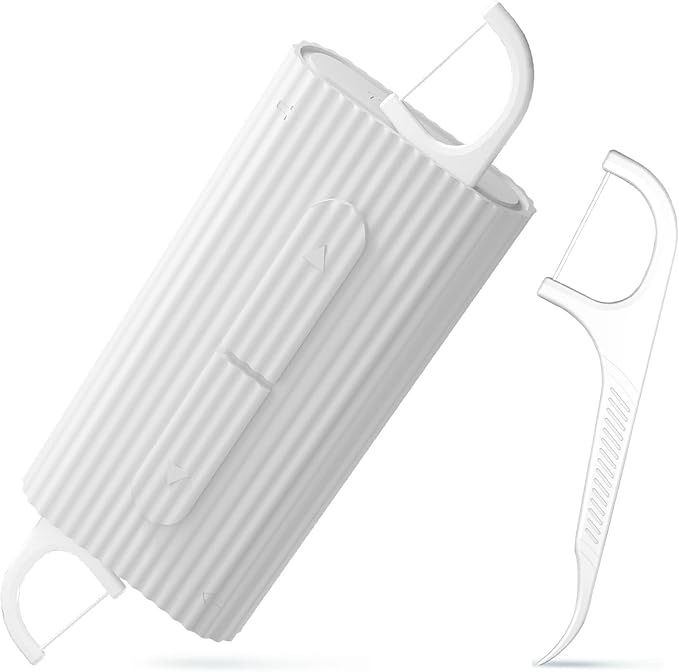 Travel Dental Floss Picks with Portable Dispenser,Reusable Ultra-Compact Dental Flosser Case,Toothpicks Sticks Holer,No Break No Shred Dental Floss Super Clean Teeth,Perfect for Out go(White)