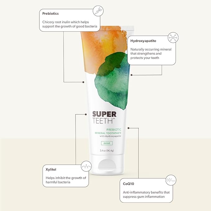 SuperTeeth Prebiotic Mineral Toothpaste for Adults & Kids with Hydroxyapatite | Fights Cavities & Plaque Buildup | Breath Freshener | Fluoride Free & SLS Free | Remineralizes Teeth | USA-Made | Mint