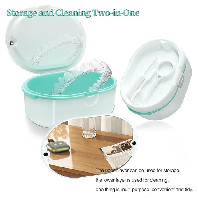 Denture Case, Double Denture Slot Cup Case Wet & Dry Portable Denture Case Portable False Teeth Container, Denture Cup with Lid for Cleaning Household Office Travel (White)