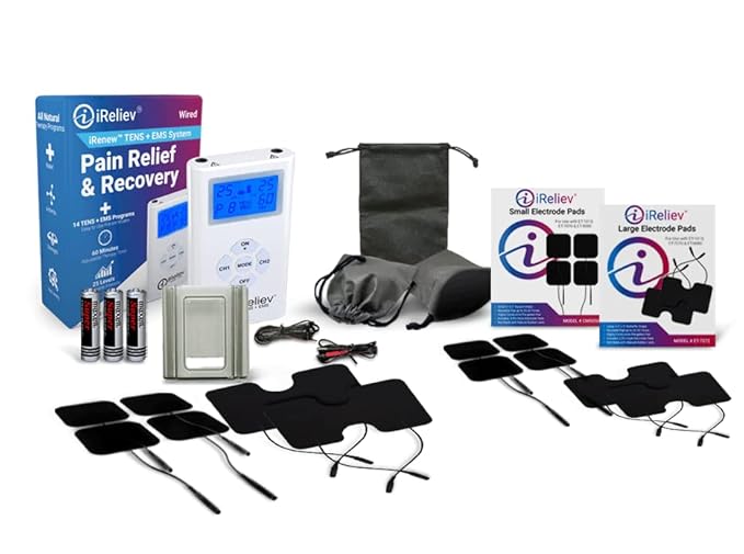 iReliev TENS + EMS Combination Unit Muscle Stimulator for Pain Relief, Arthritis, Muscle Strength - Treats Tired, Sore Muscles in Your Shoulders, Back, Ab's, Legs, Knee's, More