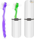 2-Piece Denture Cleaning Brush Set - Multi-Layered Bristles False Toothbrush with Ergonomic Handle and White Carrying Case for Fake Teeth Cleaning, Travel-Sized Oral Care Tool (Green&Purple, One Size)