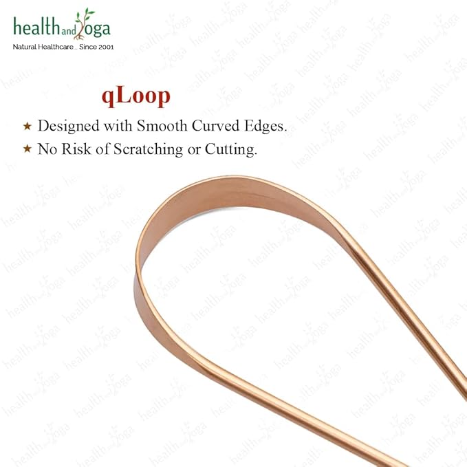 HealthAndYoga™ qLoop Copper Tongue Cleaner - Easy One Hand Use - Larger Surface Coverage - Ayurvedic Copper Health for Fresh Breath and Total Oral Hygiene (Set of 2)
