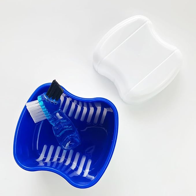 Easyinsmile Denture Bath Case with Brush for Travel Denture Cups for Soaking Dentures Retainer Cleaning Container Case with Strainer and Lid (Blue)