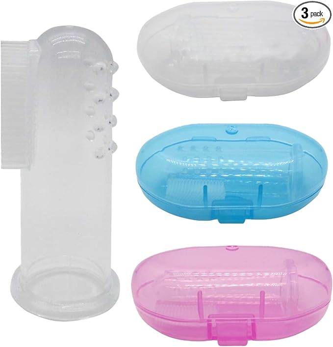 Baby Finger Toothbrush (Set of 3) - Silicone Baby Toothbrush with 3 Cases in Blue, Pink & Clear- Toddler Training Toothbrush - Newborn Oral Massager - Easy Oral Hygiene for Kids & Pets