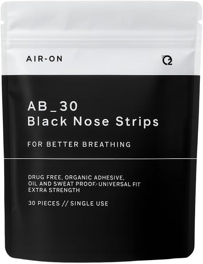AIR-ON Performance Nose Strips | Nasal Strip for Breathing, Less Snoring & Sleeping Relief | Extra Strength, Wide Body | Drug-Free Adhesive, Athletic Support, Sweat & Oil Proof - Black (30 Pieces)