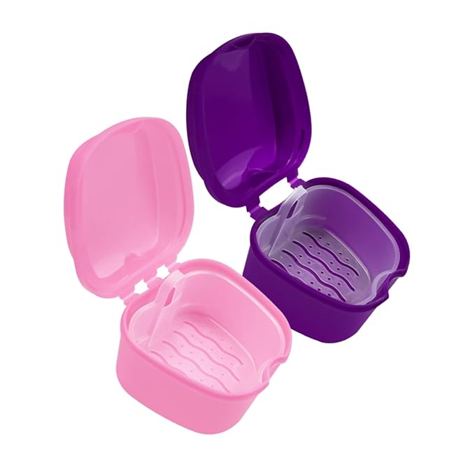 2pcs Denture Bath Retainer Case, Dentaure Cups for Soaking Dentures with Strainer Basket Tray,Compact and Pportable Design, Suitable for Traveling (Purple+Pink)