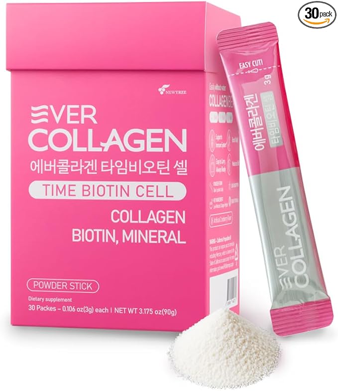 NEWTREE Biotin Cell Low Molecular Weight Marine Collagen Peptides Powder Packet, Protein Powder Supplement for Skin Hair Nail, Travel Packs - Taking Without Water, 30 Sticks