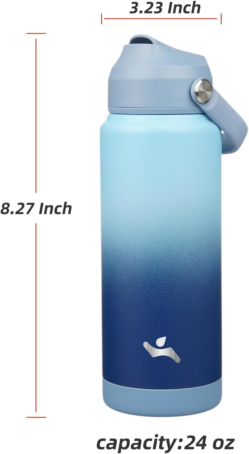 Insulated Water Bottle with Straw Lid,24 oz Stainless Steel Vacuum Metal Bottle with Silicone Handle,Sky