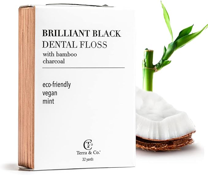 Terra & Co., Brilliant Black Dental Floss (32 Yards) | Organic Teeth Whitening Products | All Natural, with Activated Bamboo Charcoal | Vegan & Cruelty Free | Luxury Dental Care