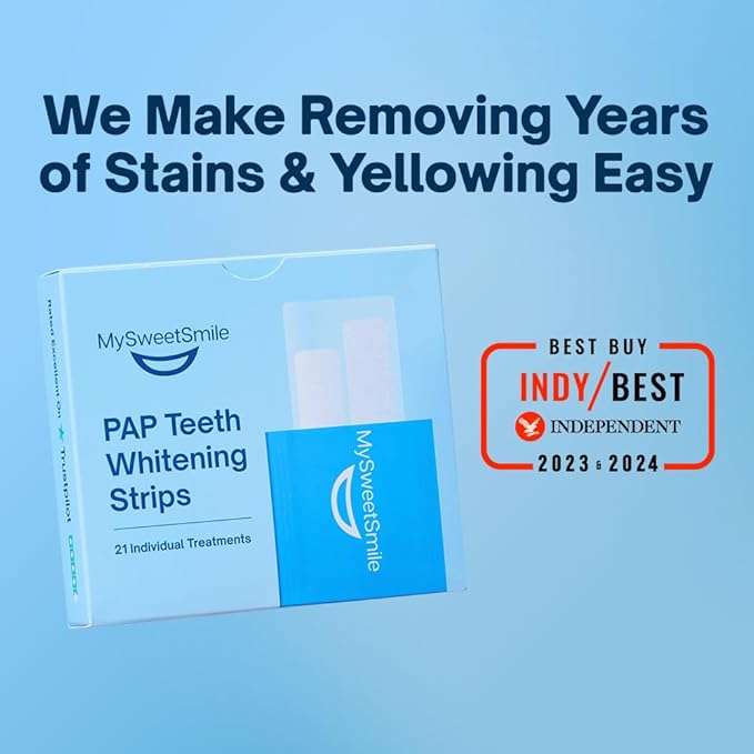 MySweetSmile Pap Teeth Whitening Strips - Enamel-Safe, Sensitivity-Free Formula - 42 Peroxide-Free Whitening Strips - Dentist-Approved - IndyBest Award-Winning Brand - 21 Treatments - Mint Flavour