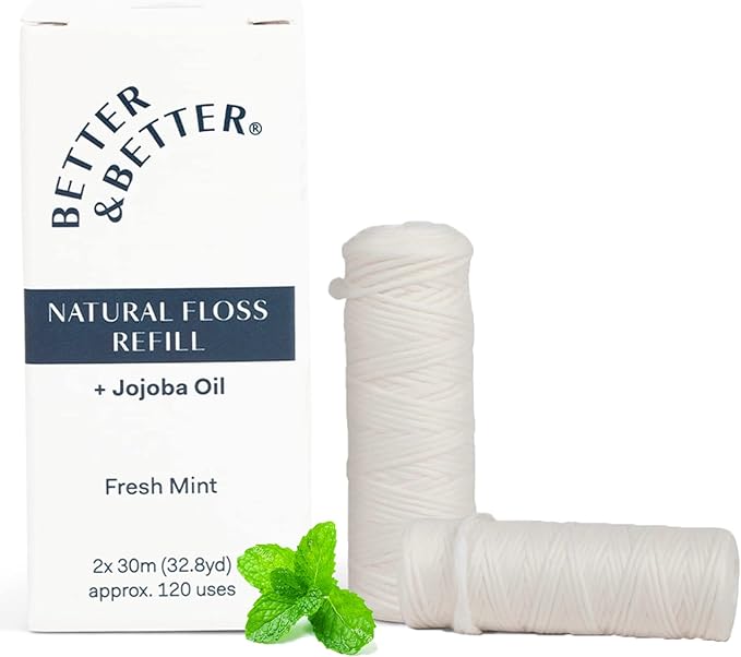 Better & Better Natural Dental Floss Refill Pack | Waxed & Zero Plastic Oral Care - 100% Plant-Based, Vegan, Eco and Non Toxic Dental Floss, 2 Spools