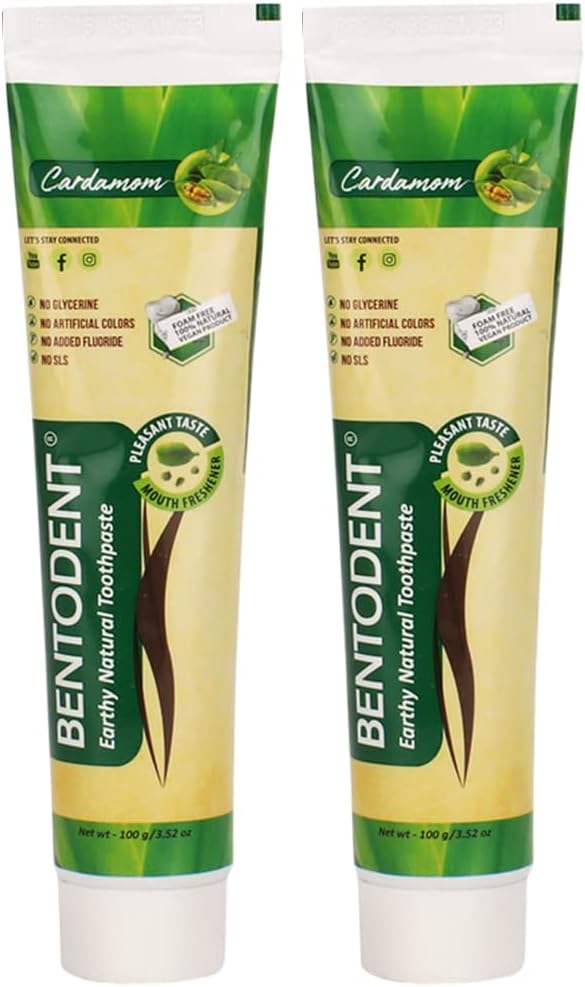 Bentodent Natural Toothpaste for Entire Family Incl Kids - SLS Free, Fluoride Free - Freshens Breath, Helps Reduce Plaque by Brushing (Cardamom Pack of 2)…