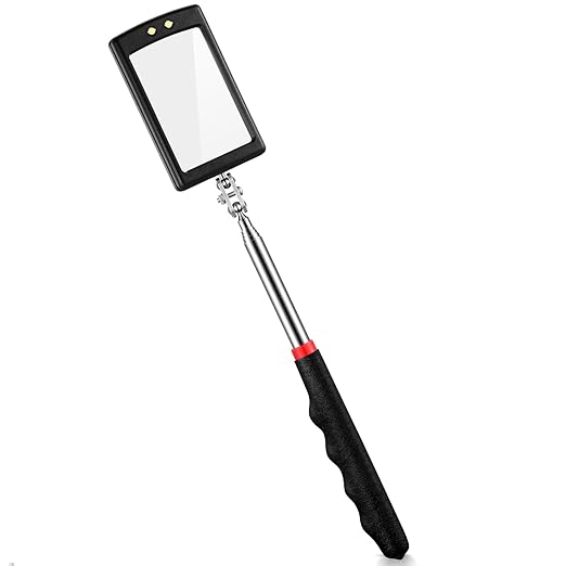 1 Pcs Telescoping Inspection Mirror Mechanics Automotive Tool with Long Handle Extendable Mirror on a Stick for Technicians Mechanics Contractors Checking Observation (Black,Square with Light)