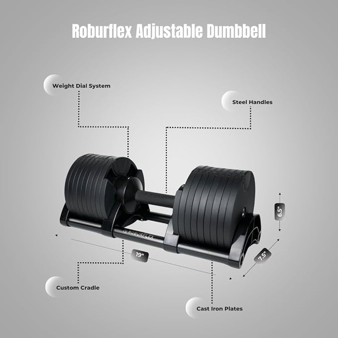 Adjustable Dumbbell (Single) by ROBURFLEX for Workout Strength Training Fitness Home Gym
