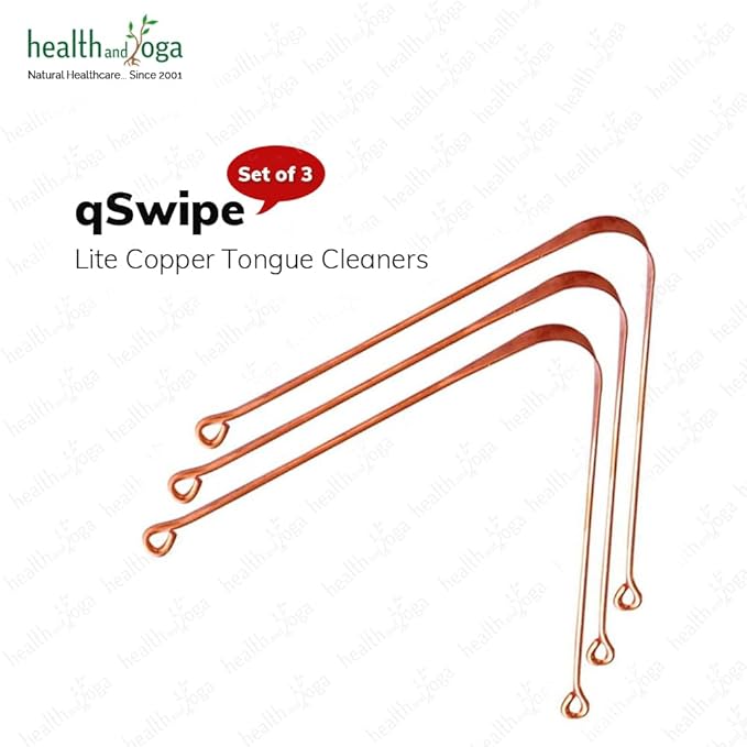 HealthAndYoga™ qSwipe Lite Copper Tongue Cleaners (Pack of 3) – Prevents Bad breath, Improves taste- Flexible, Curved ends provide good grip – Complete Oral Care/Hygiene for Travel/Office/Home